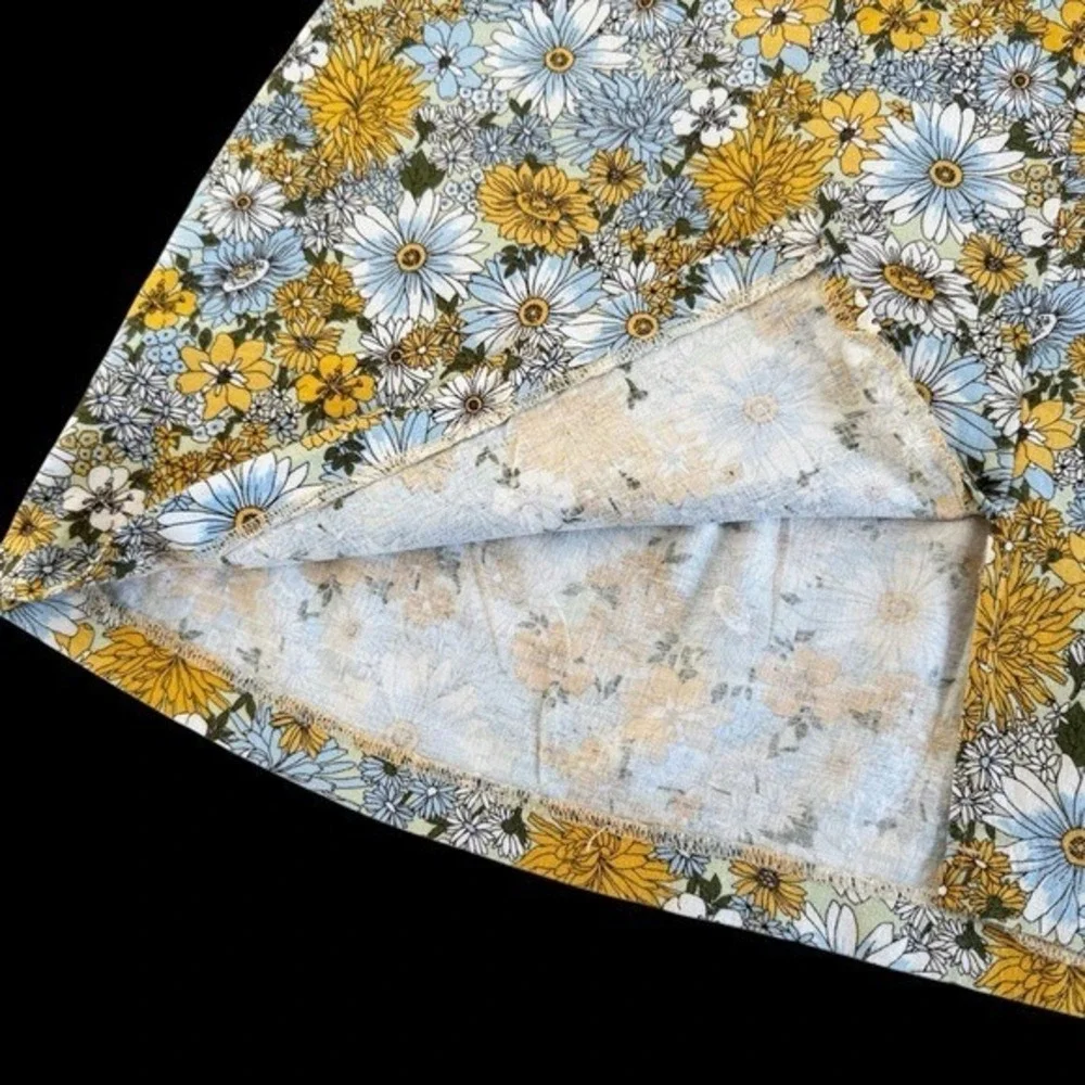 Cottagecore Linen blend Floral Mini Skirt yellow Sz Small Petite soft girl indie